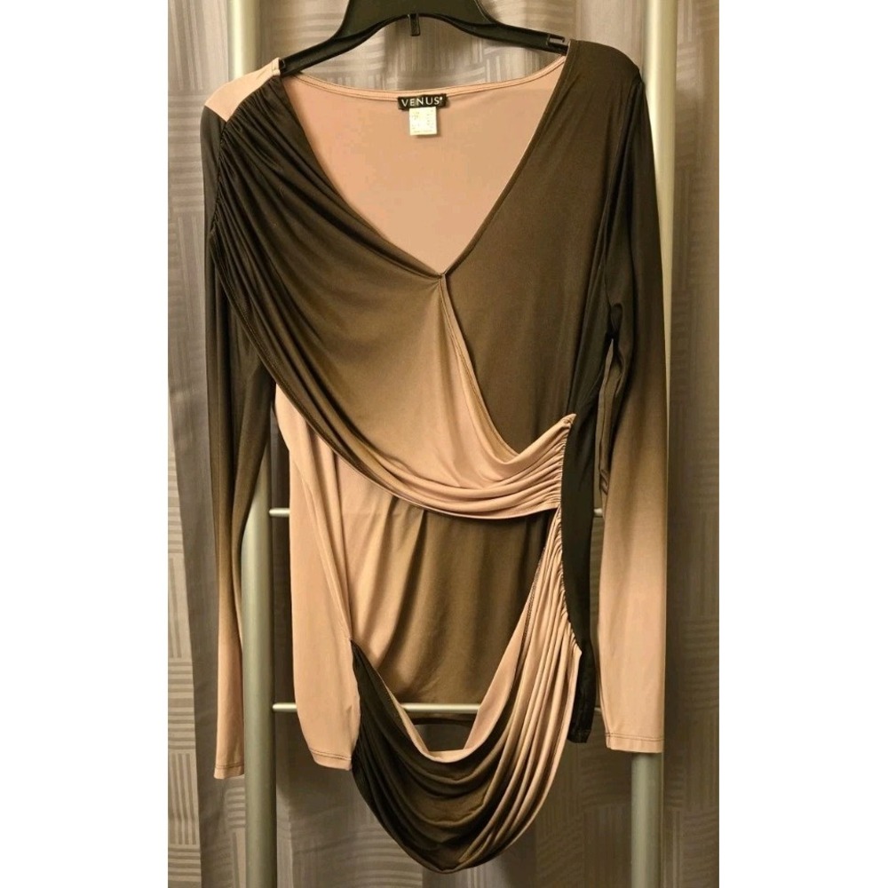 Venus Womans Drape Front Layered Long Sleeved Rose Two-toned Shirt Blouse Sz XL‎